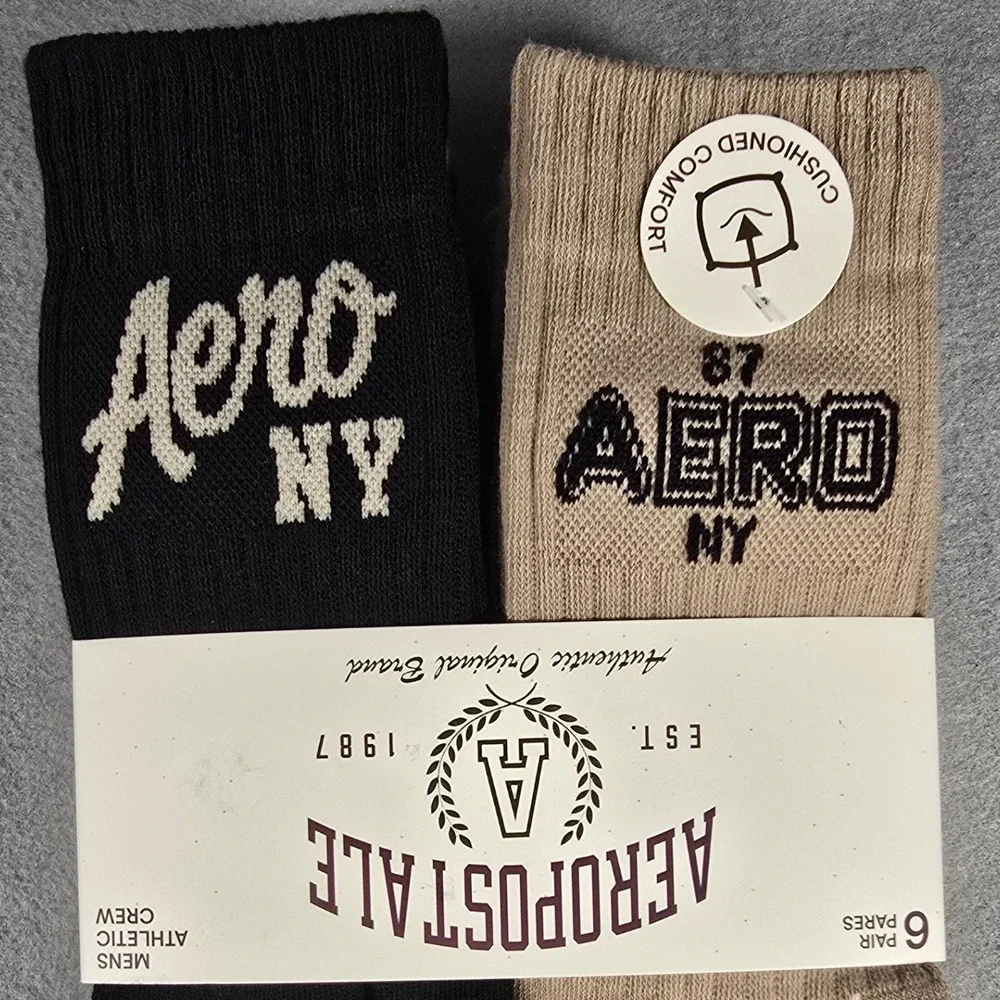 NWT 6-Pack Aeropostale Mens 6-12 Black Tan Brown Crew‎ Socks Athletic Cushioned